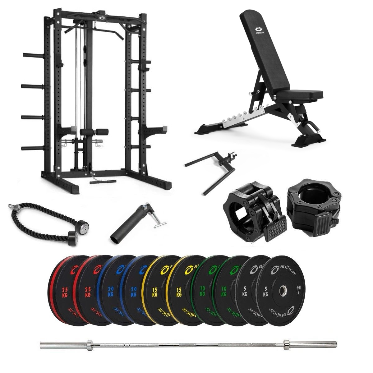 Half Rack med farvede Bumper, bænk og nedtræk  -  170 kg