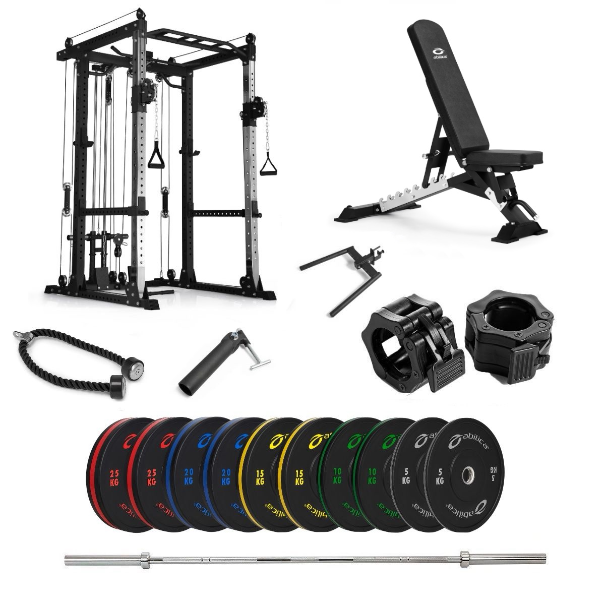 Power Rack med farvede Bumper og bænk  -  170 kg